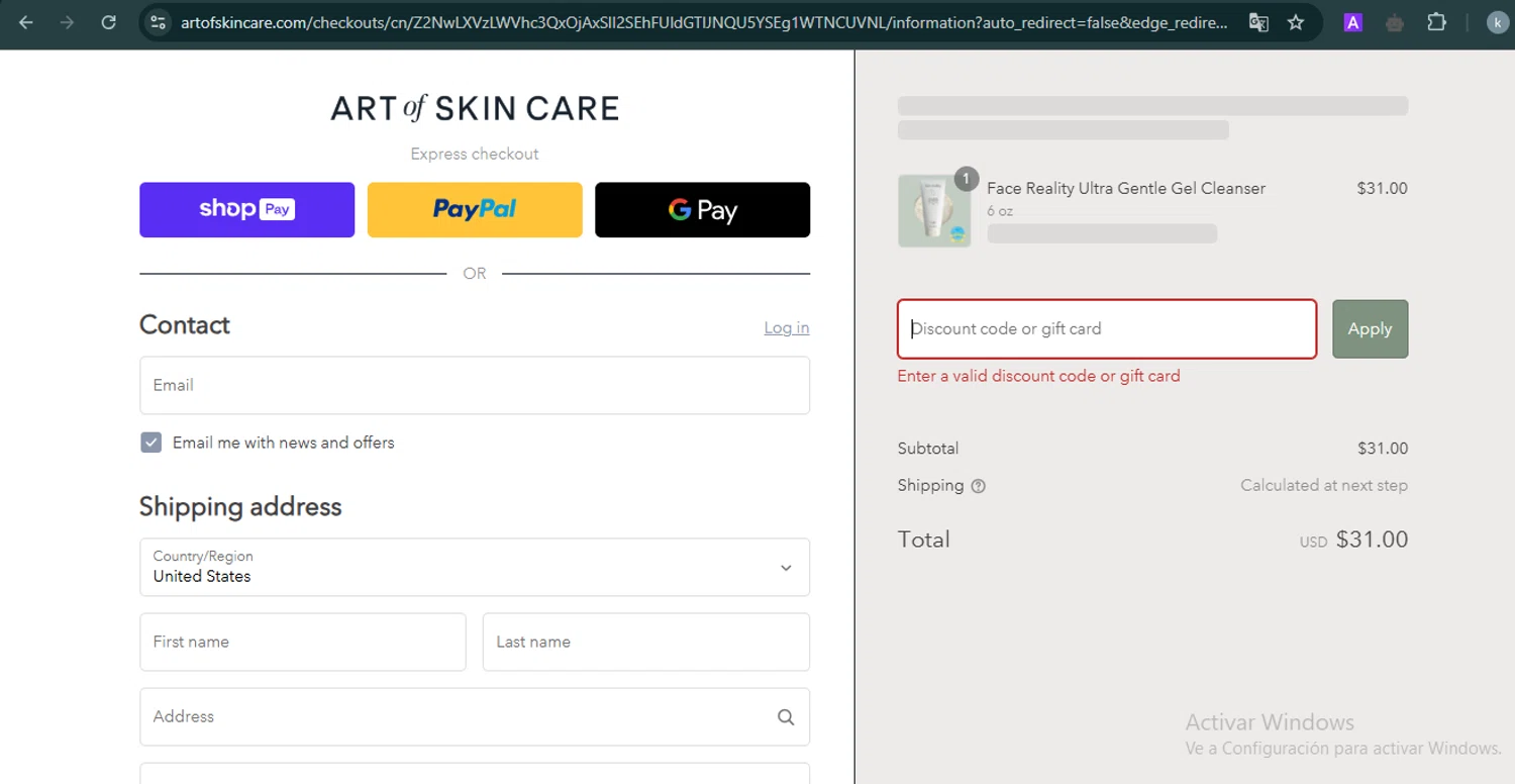 Art Of Skin Care promo code screenshot showing code PJEP8RVE applied at Art Of Skin Care checkout page. Uploaded by SimplyCodes community member FortunateMaven6799 on Apr 6, 2025