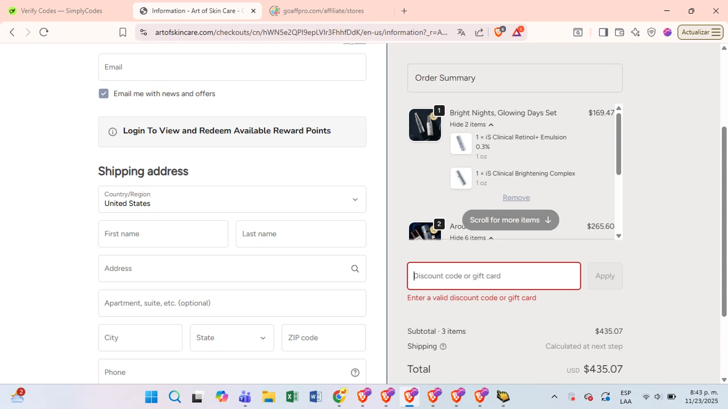 Art Of Skin Care promo code screenshot showing code newfriend10 applied at Art Of Skin Care checkout page. Uploaded by SimplyCodes community member VictoriousSage6771 on Nov 24, 2025