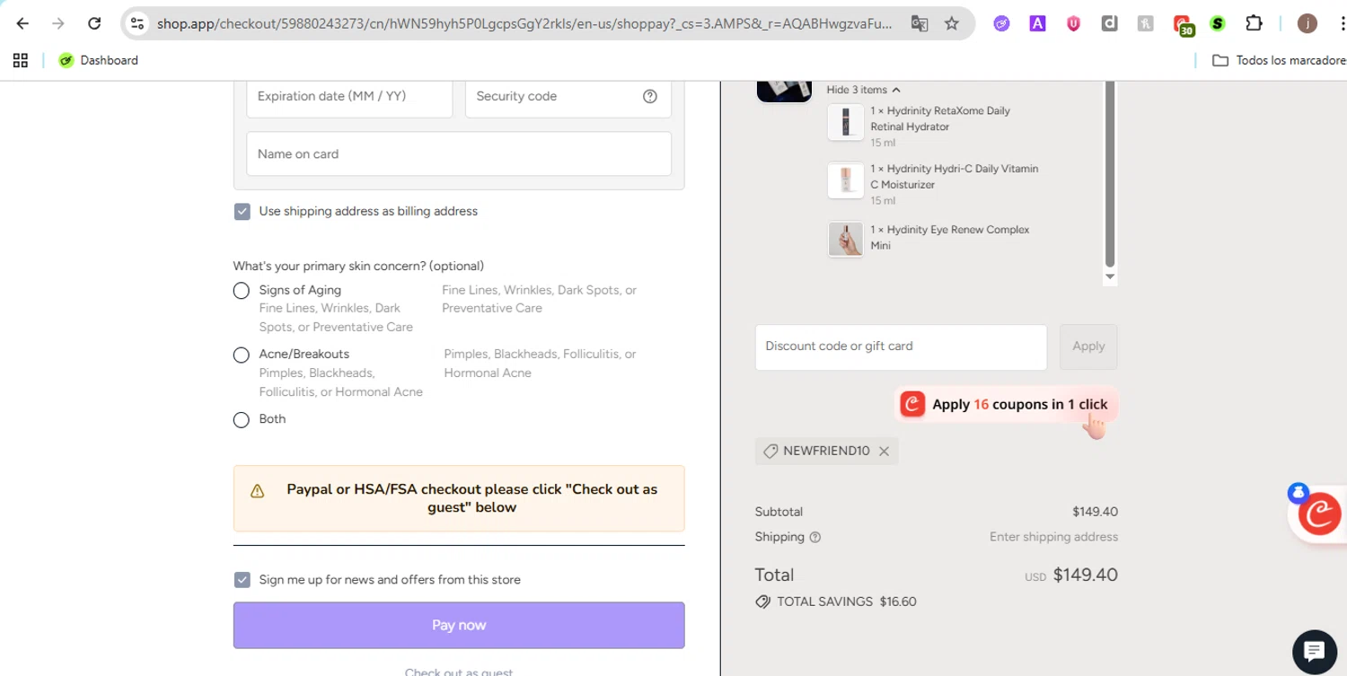 Art Of Skin Care promo code screenshot showing code NEWFRIEND10 applied at Art Of Skin Care checkout page. Uploaded by SimplyCodes community member Jose29 on Dec 6, 2025