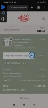 ARTORAMACART15 coupon verification screenshot