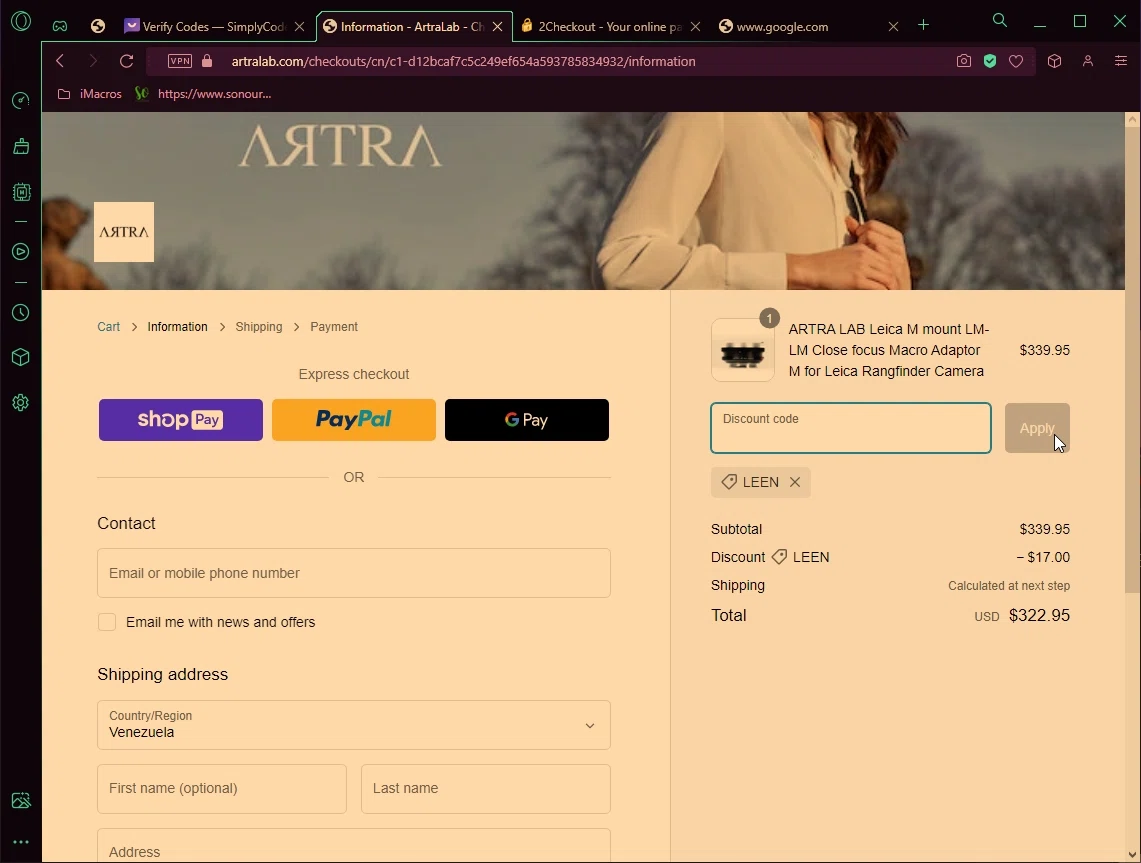 ArtraLab checkout page showing ArtraLab promo code box | Screenshot taken by SimplyCodes community member on Jun 16, 2023