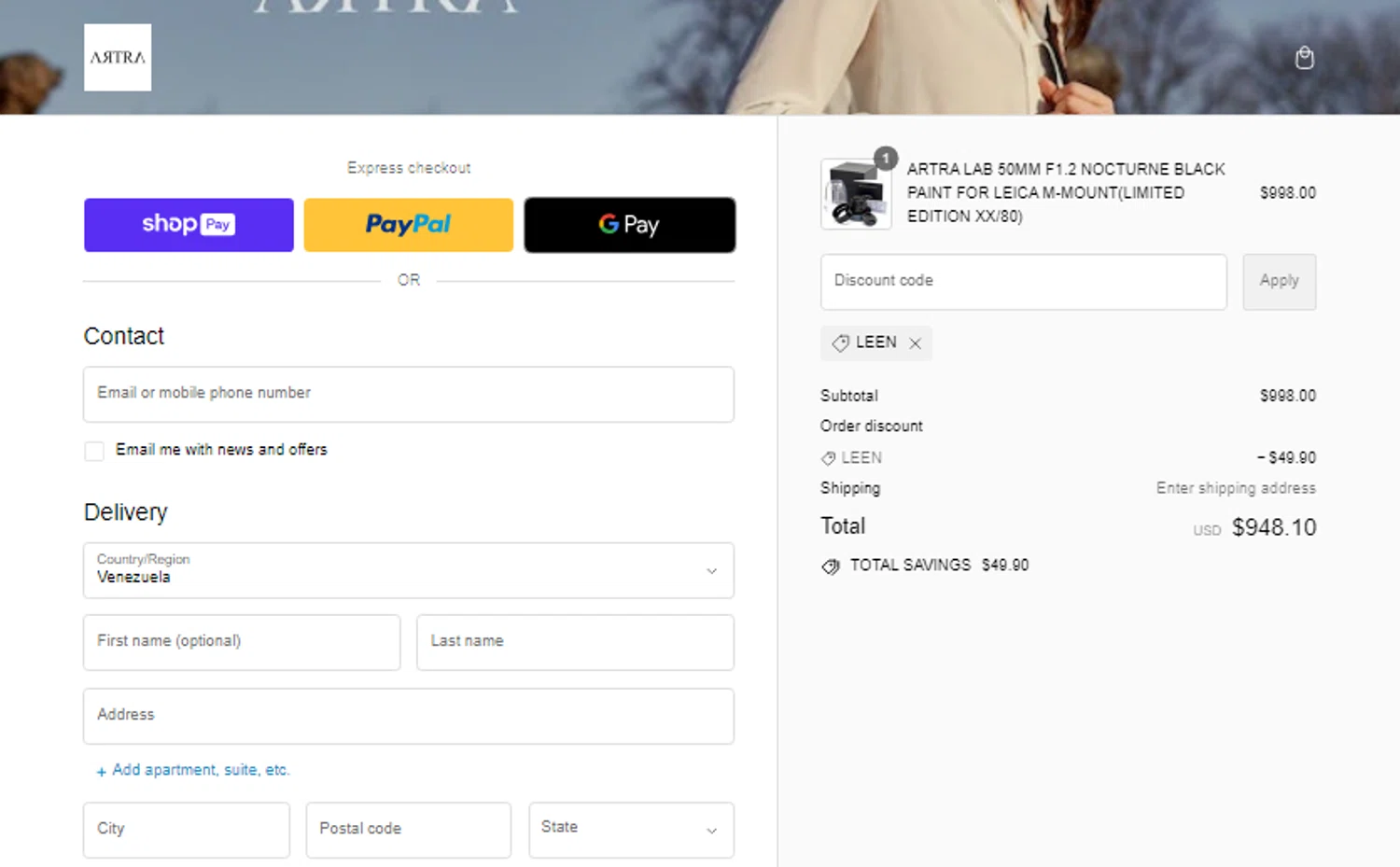 ArtraLab checkout page showing ArtraLab promo code box | Screenshot taken by SimplyCodes community member on Apr 5, 2024
