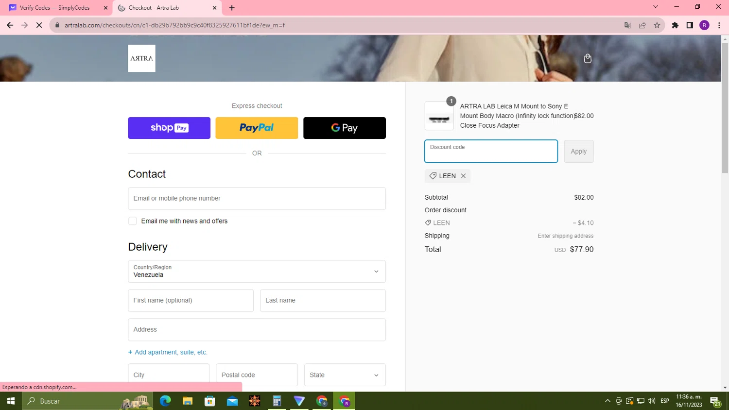 ArtraLab checkout page showing ArtraLab promo code box | Screenshot taken by SimplyCodes community member on Nov 16, 2023