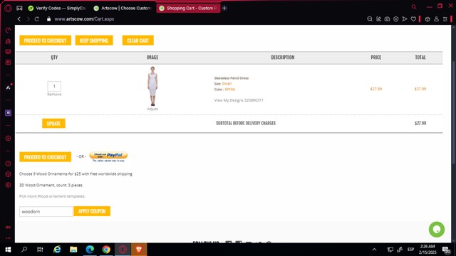 ArtsCow checkout page showing ArtsCow coupon code box | Screenshot taken by SimplyCodes community member on Feb 15, 2025