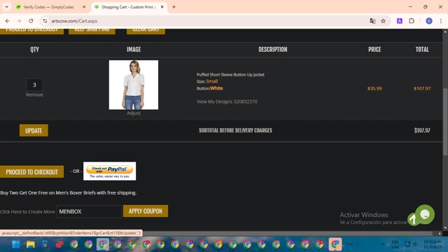 ArtsCow checkout page showing ArtsCow coupon code box | Screenshot taken by SimplyCodes community member on Feb 11, 2025