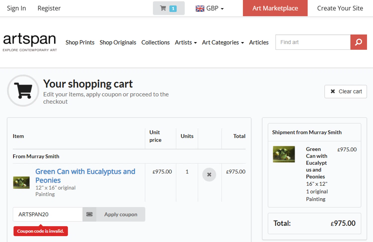 Artspan promo code screenshot showing code ARTSPAN20 applied at Artspan checkout page. Uploaded by SimplyCodes community member CashSaver3941 on Dec 25, 2025