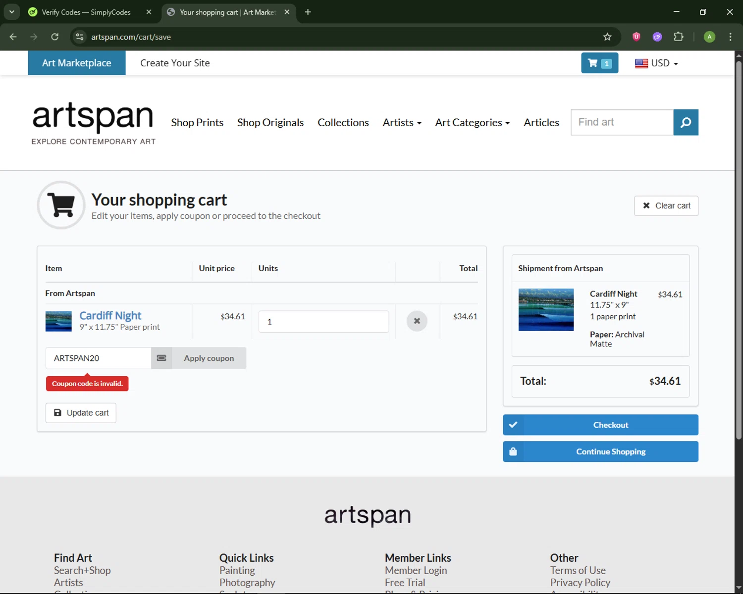 Artspan promo code screenshot showing code ARTSPAN20 applied at Artspan checkout page. Uploaded by SimplyCodes community member MagnificentSaver708 on Feb 17, 2026