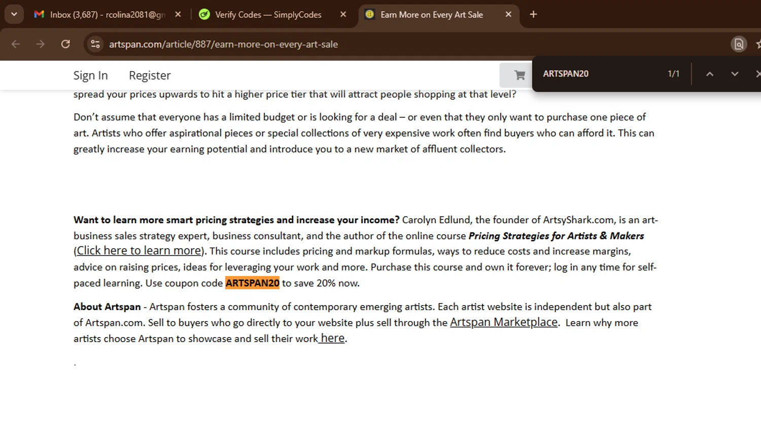 Artspan checkout page showing Artspan promo code box | Screenshot taken by SimplyCodes community member on Sep 25, 2025