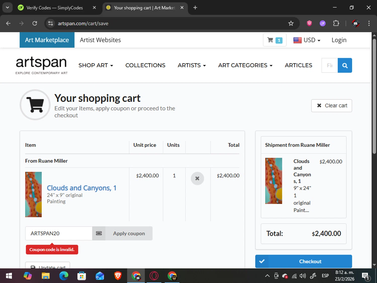 Artspan promo code screenshot showing code ARTSPAN20 applied at Artspan checkout page. Uploaded by SimplyCodes community member TreasureAdmiral6867 on Feb 23, 2026