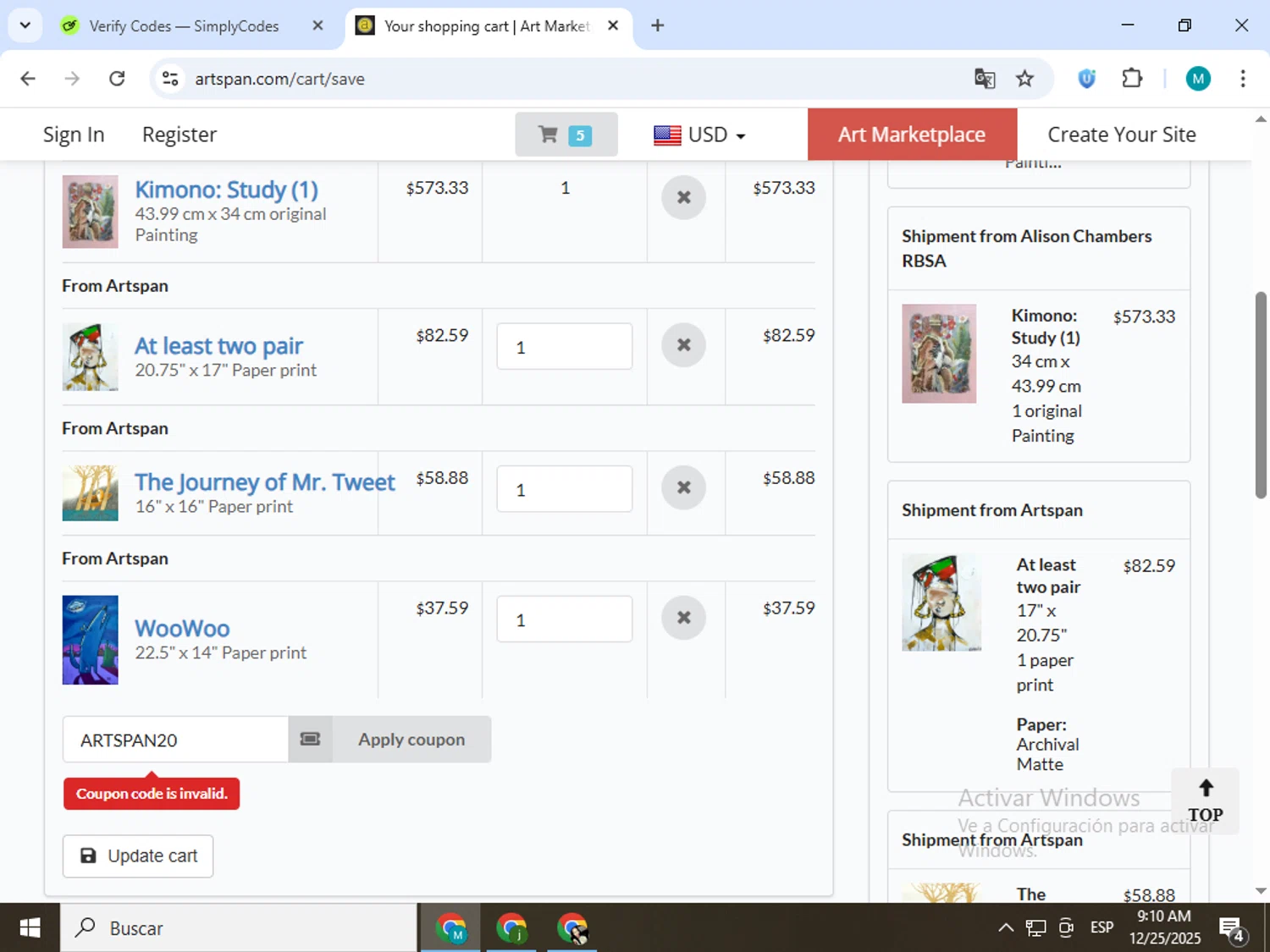Artspan promo code screenshot showing code ARTSPAN20 applied at Artspan checkout page. Uploaded by SimplyCodes community member estrellaveloz on Dec 25, 2025