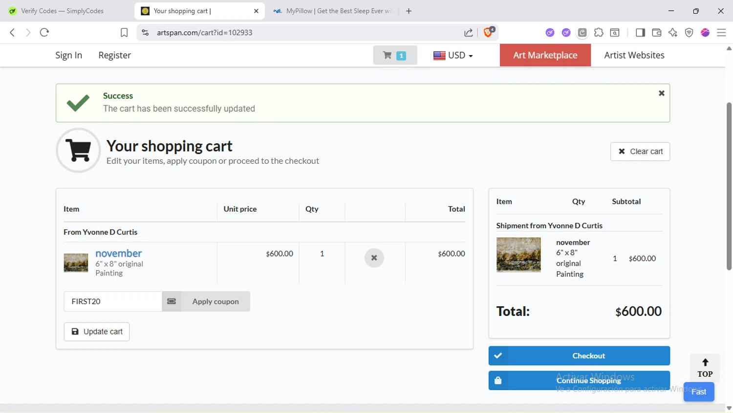 Artspan promo code screenshot showing code FIRST20 applied at Artspan checkout page. Uploaded by SimplyCodes community member SapeGato on Sep 14, 2025
