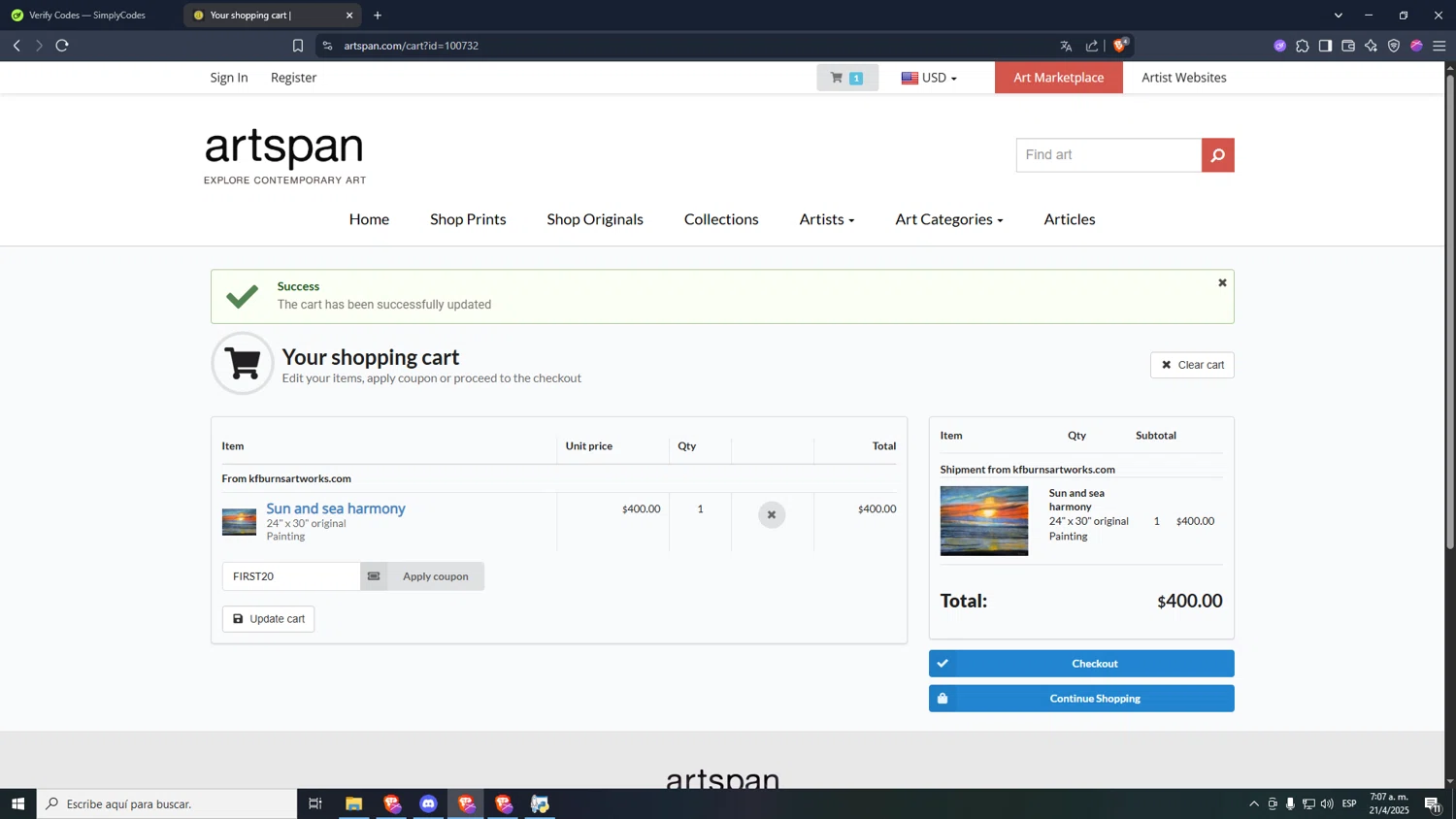 Artspan promo code screenshot showing code FIRST20 applied at Artspan checkout page. Uploaded by SimplyCodes community member papa01 on Apr 21, 2025