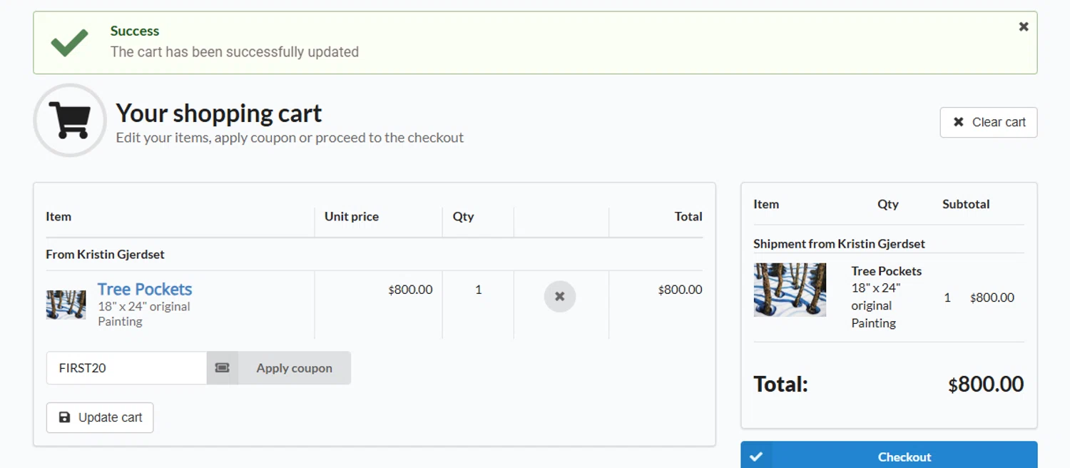 Artspan promo code screenshot showing code FIRST20 applied at Artspan checkout page. Uploaded by SimplyCodes community member RewardCurator5232 on Mar 23, 2025