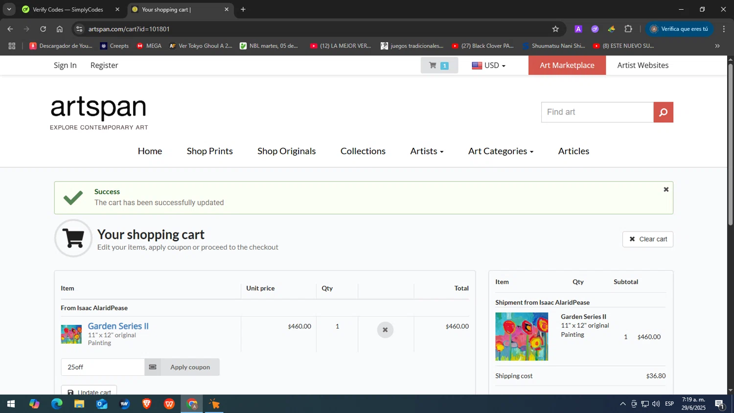 Artspan promo code screenshot showing code 25OFF applied at Artspan checkout page. Uploaded by SimplyCodes community member JuanChi on Jun 29, 2025