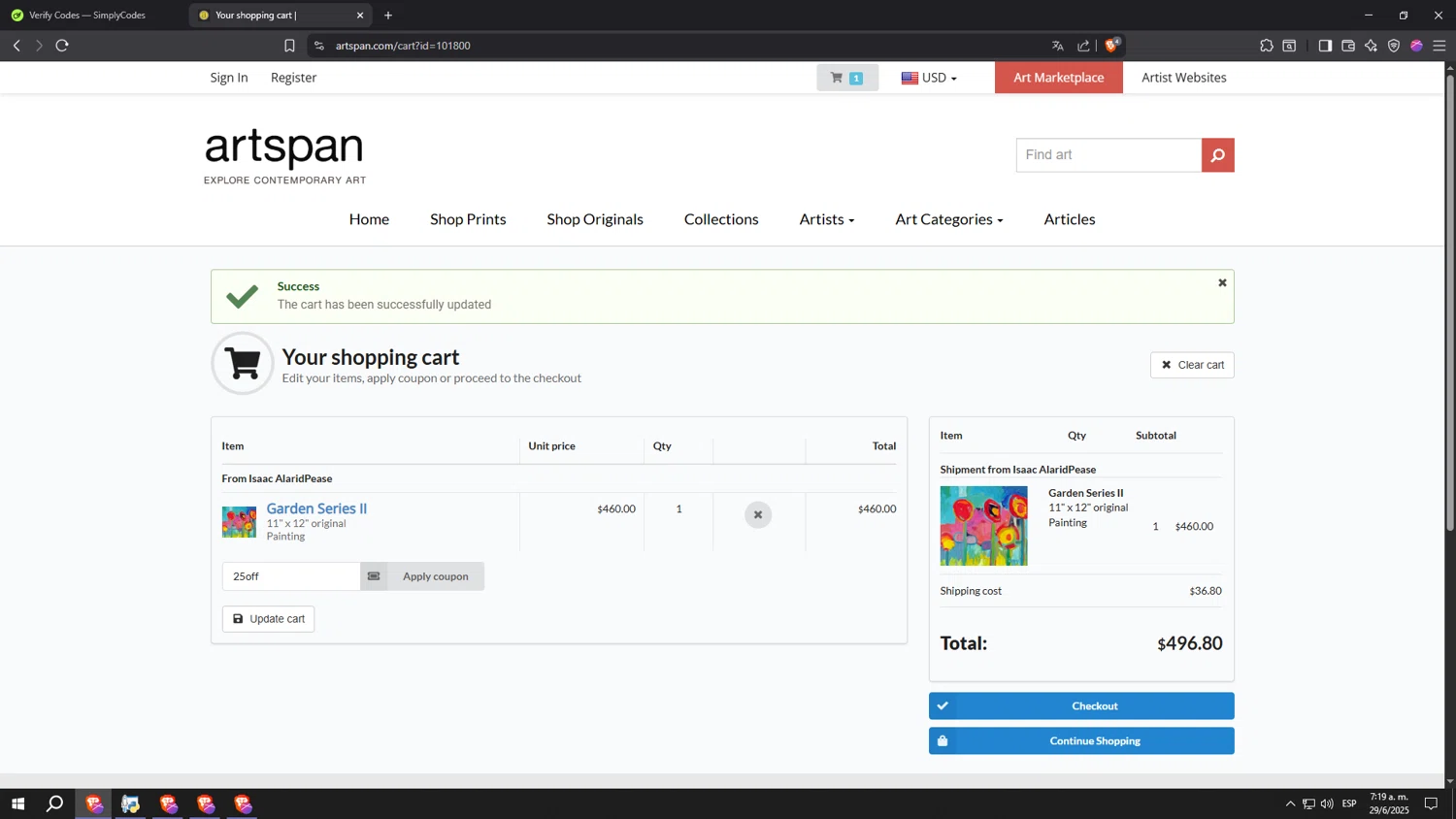 Artspan promo code screenshot showing code 25OFF applied at Artspan checkout page. Uploaded by SimplyCodes community member kkkkkkkkkkkkkkkkkkkk on Jun 29, 2025