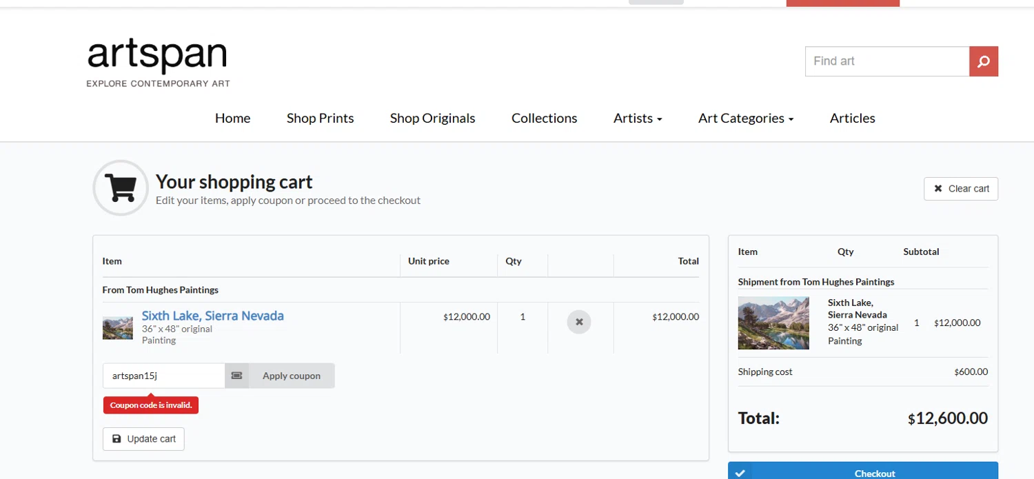 Artspan promo code screenshot showing code artspan15j applied at Artspan checkout page. Uploaded by SimplyCodes community member PrimeFalcon5548 on Sep 24, 2025