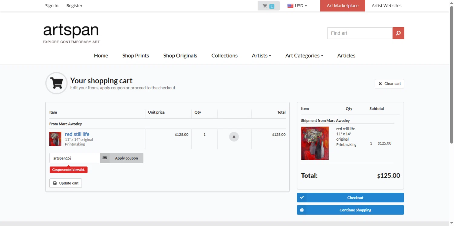 Artspan promo code screenshot showing code artspan15j applied at Artspan checkout page. Uploaded by SimplyCodes community member renegul on Sep 24, 2025