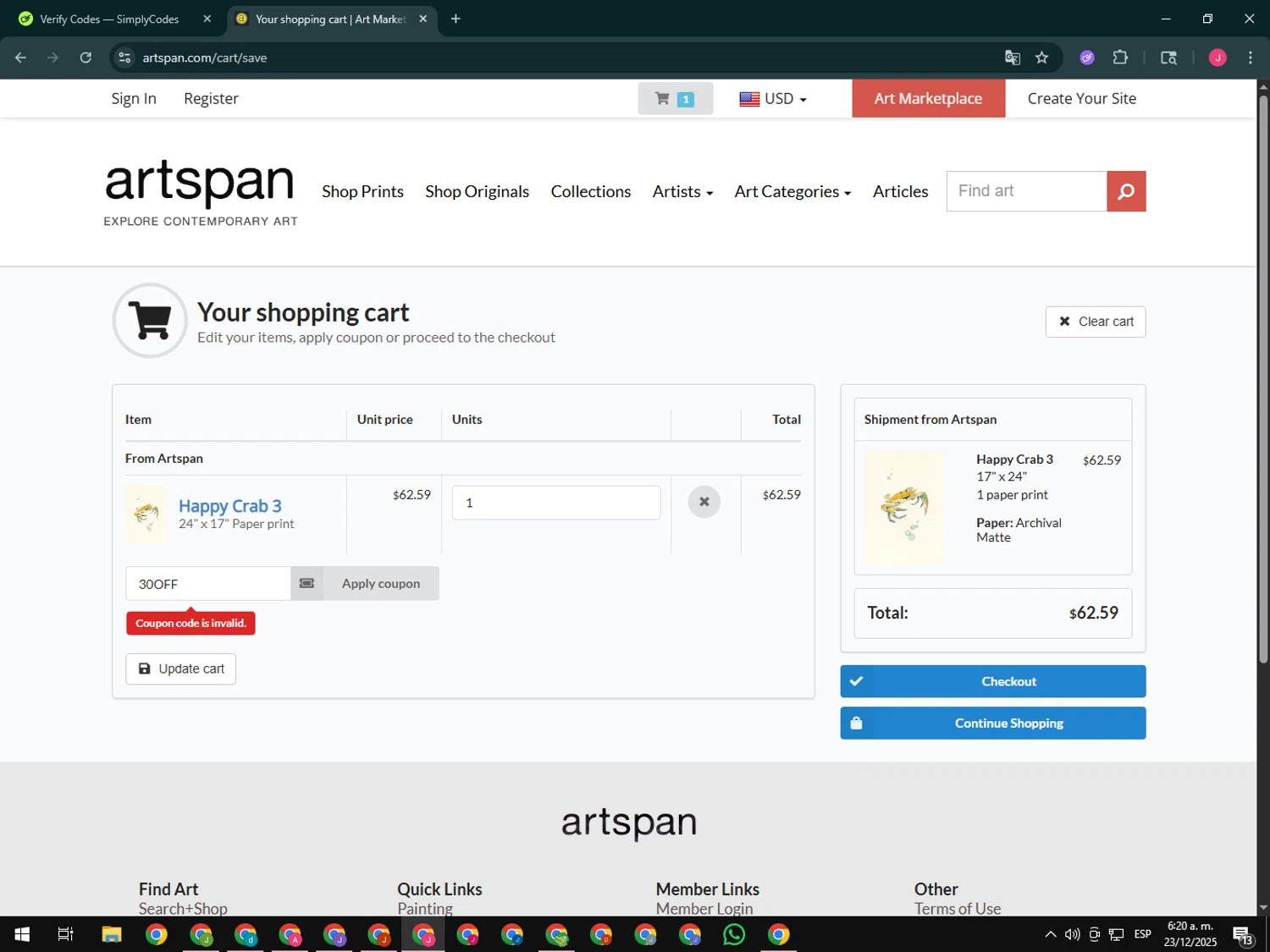 Artspan promo code screenshot showing code 30OFF applied at Artspan checkout page. Uploaded by SimplyCodes community member CleverShopper2101 on Dec 23, 2025