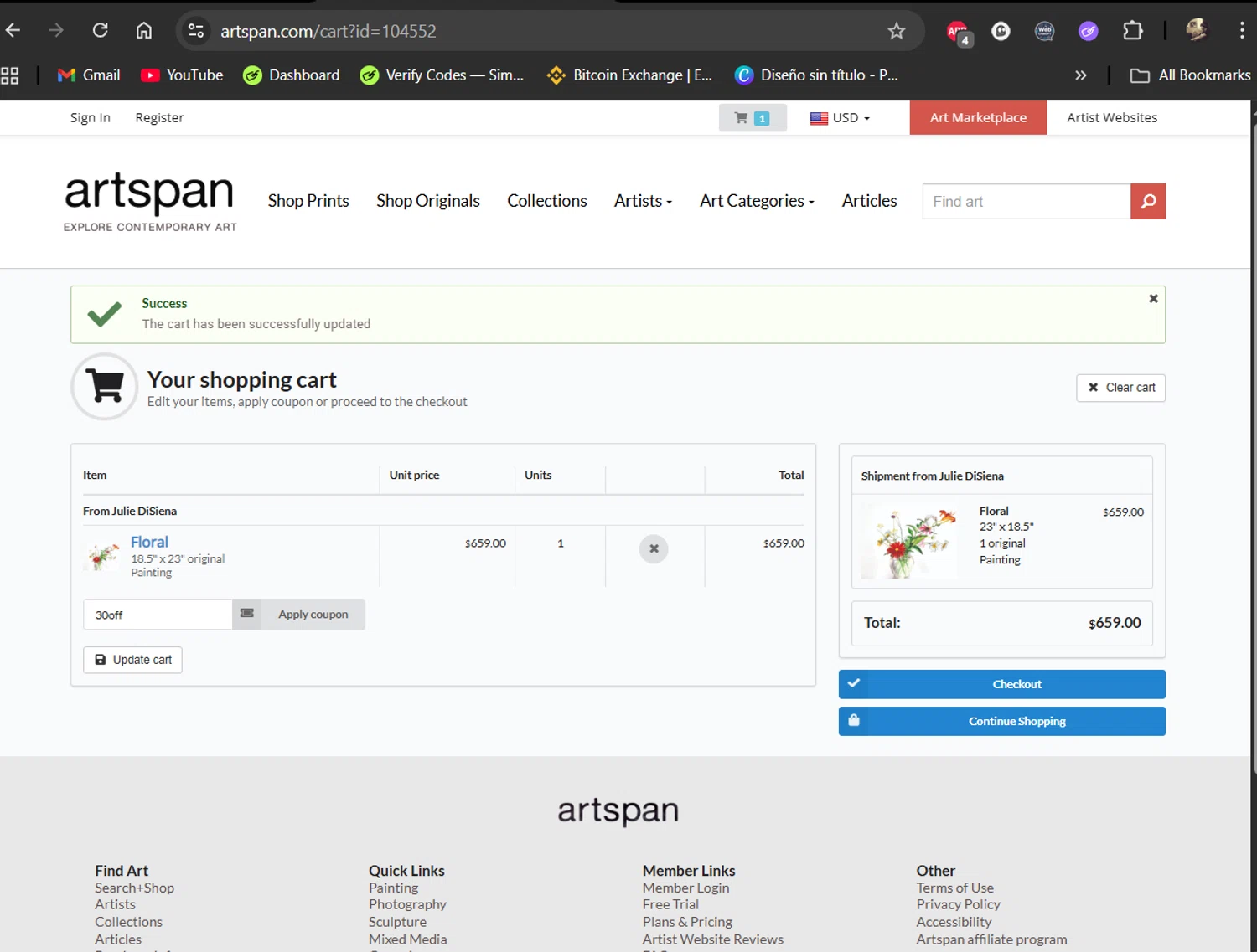 Artspan promo code screenshot showing code 30OFF applied at Artspan checkout page. Uploaded by SimplyCodes community member LiShang on Nov 24, 2025