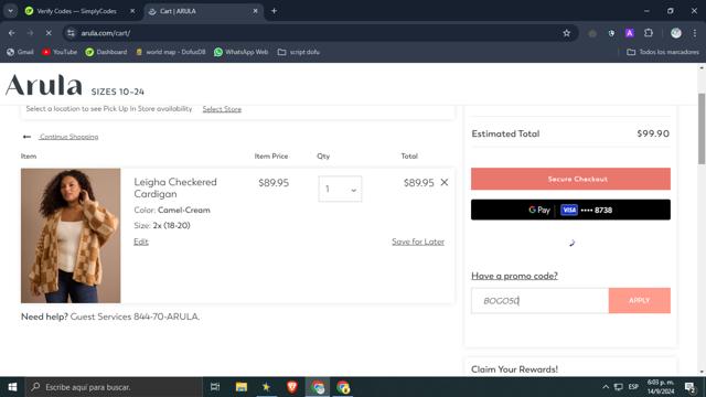 Arula checkout page showing Arula promo code box | Screenshot taken by SimplyCodes community member on Sep 14, 2024