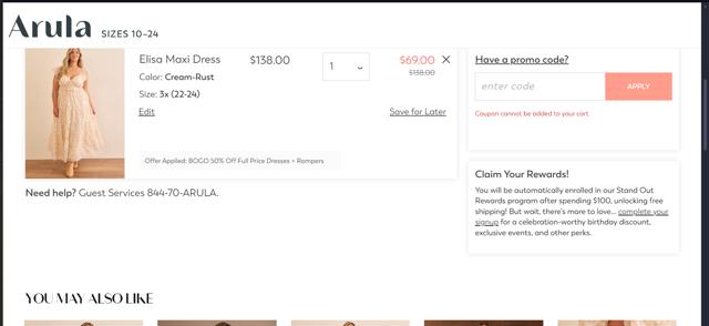Arula checkout page showing Arula promo code box | Screenshot taken by SimplyCodes community member on Sep 15, 2024