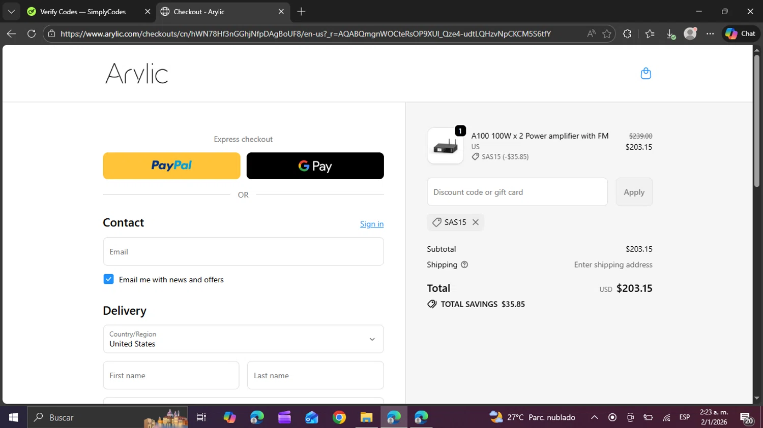 Arylic checkout page showing Arylic discount code box | Screenshot taken by SimplyCodes community member on Jan 2, 2026