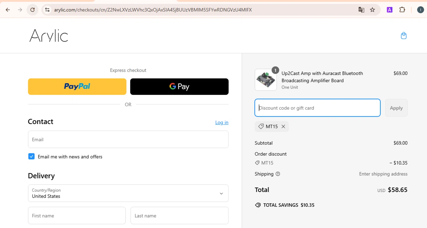 Arylic discount code screenshot showing code MT15 applied at Arylic checkout page. Uploaded by SimplyCodes community member ExtraordinaryScout5722 on Mar 13, 2025