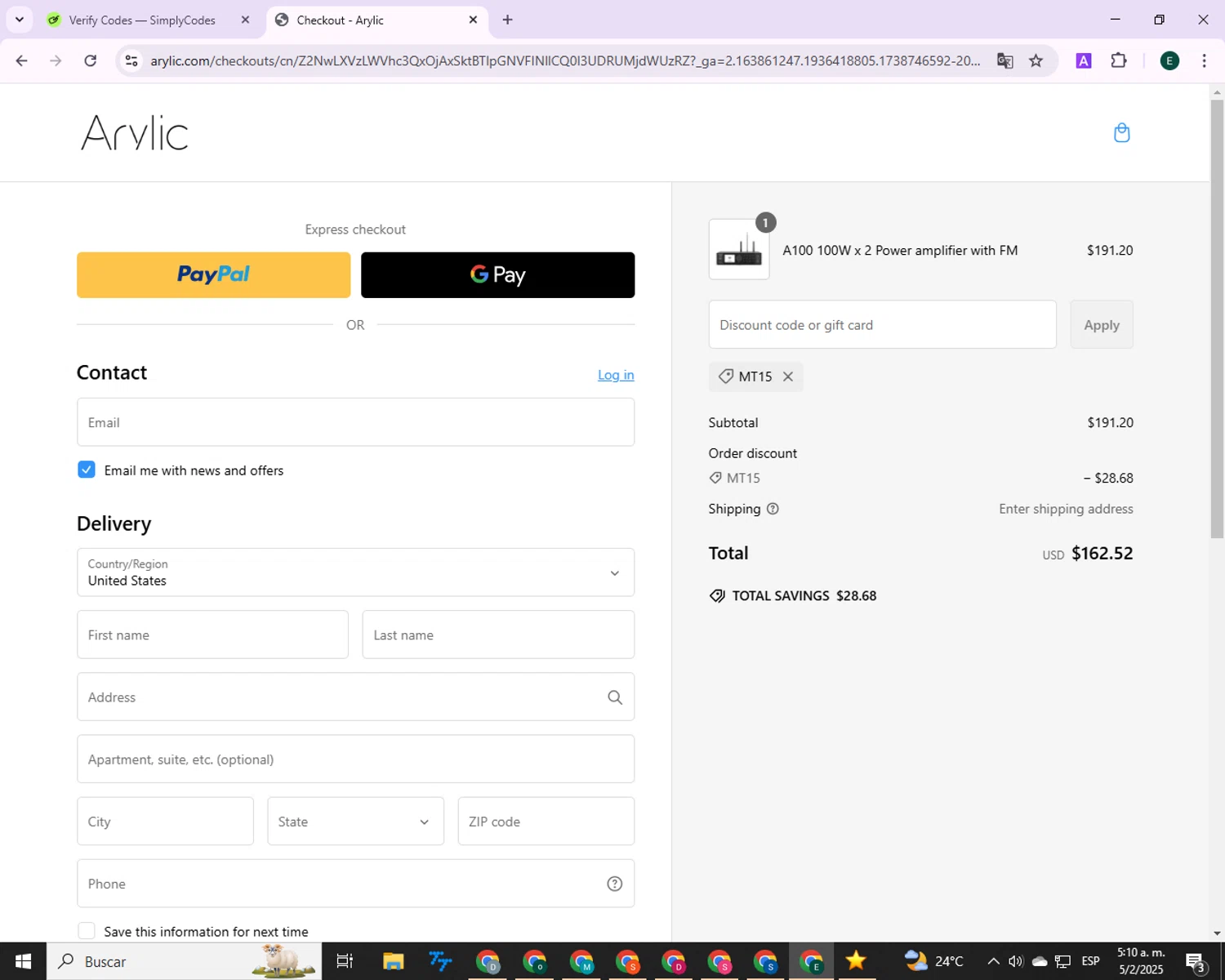 Arylic discount code screenshot showing code MT15 applied at Arylic checkout page. Uploaded by SimplyCodes community member 00000006 on Feb 5, 2025
