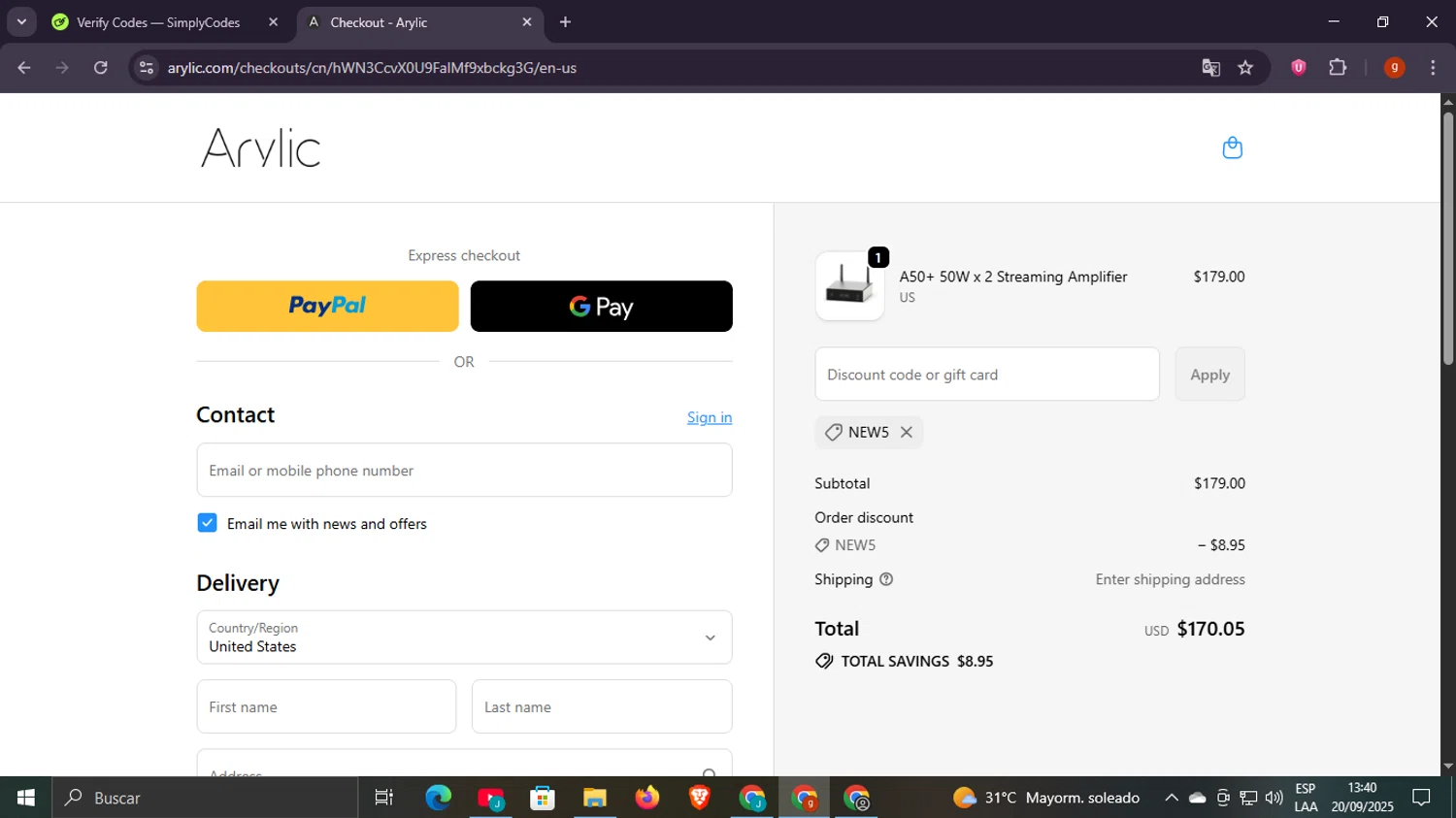 Arylic discount code screenshot showing code new5 applied at Arylic checkout page. Uploaded by SimplyCodes community member Scottcawthon on Sep 20, 2025