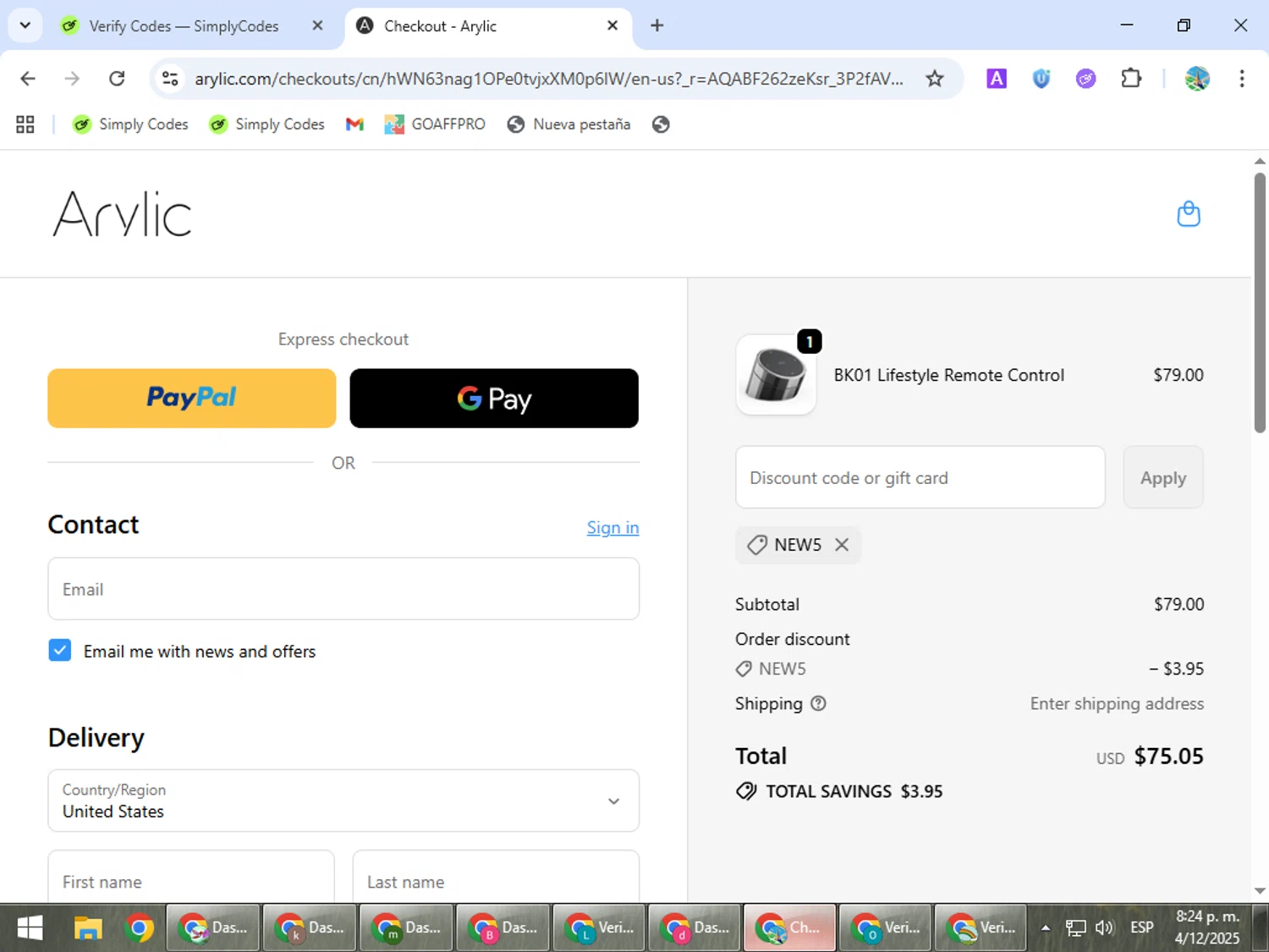 Arylic discount code screenshot showing code new5 applied at Arylic checkout page. Uploaded by SimplyCodes community member ShrewdSpotter4101 on Dec 5, 2025