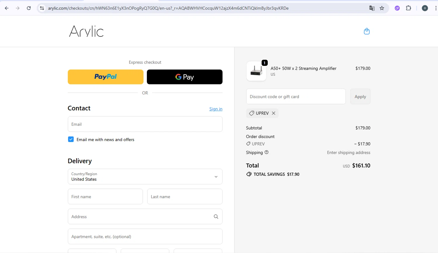 Arylic discount code screenshot showing code UPREV applied at Arylic checkout page. Uploaded by SimplyCodes community member Danmiel007 on Dec 5, 2025