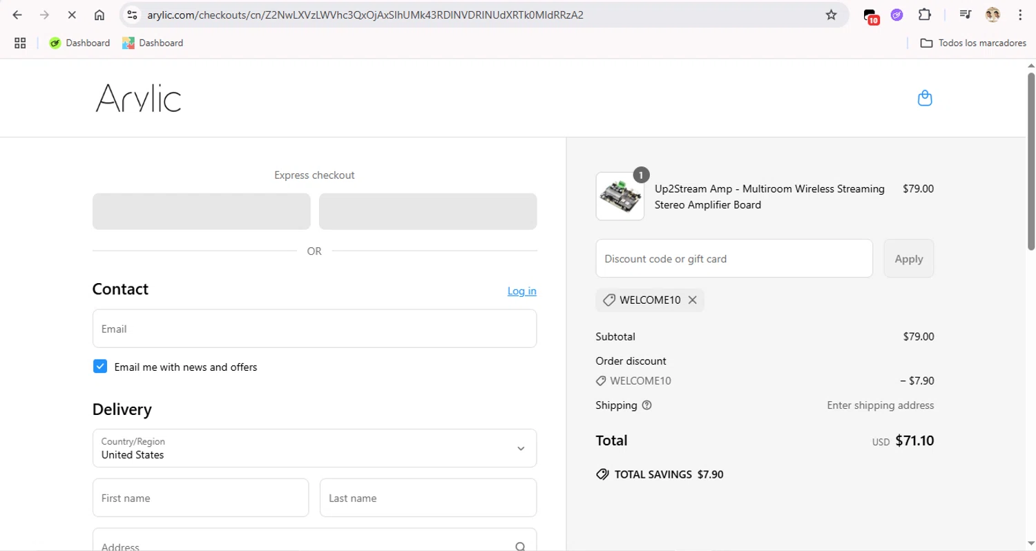 Arylic discount code screenshot showing code WELCOME10 applied at Arylic checkout page. Uploaded by SimplyCodes community member FrugalFox6593 on Jun 15, 2025