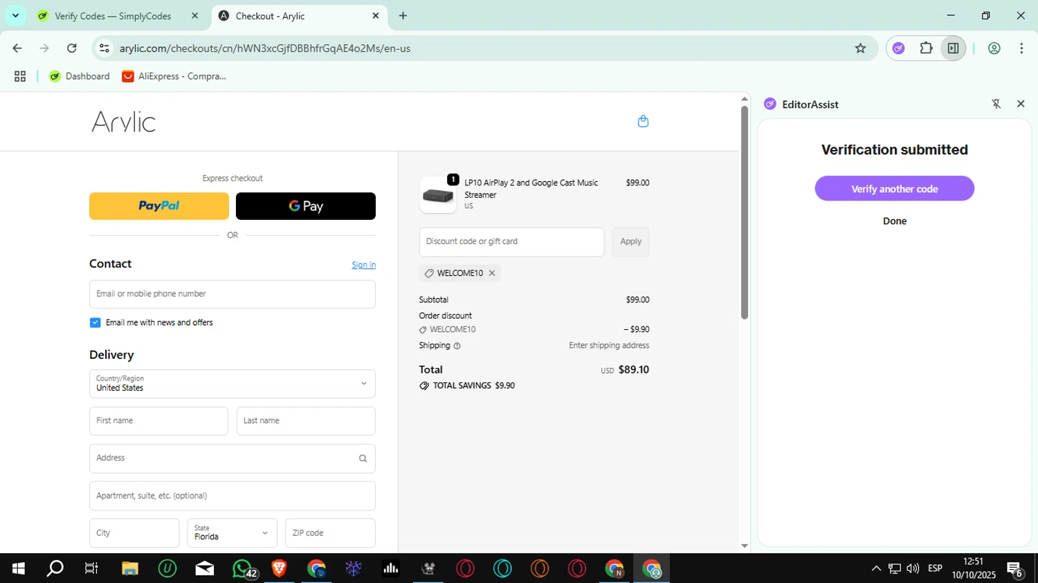Arylic discount code screenshot showing code WELCOME10 applied at Arylic checkout page. Uploaded by SimplyCodes community member rauzzzz on Oct 10, 2025