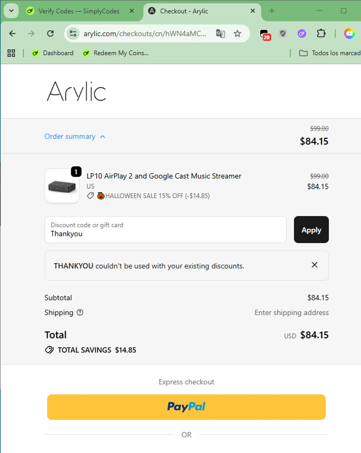 Arylic discount code screenshot showing code Thankyou applied at Arylic checkout page. Uploaded by SimplyCodes community member EpicTiger3556 on Oct 27, 2025