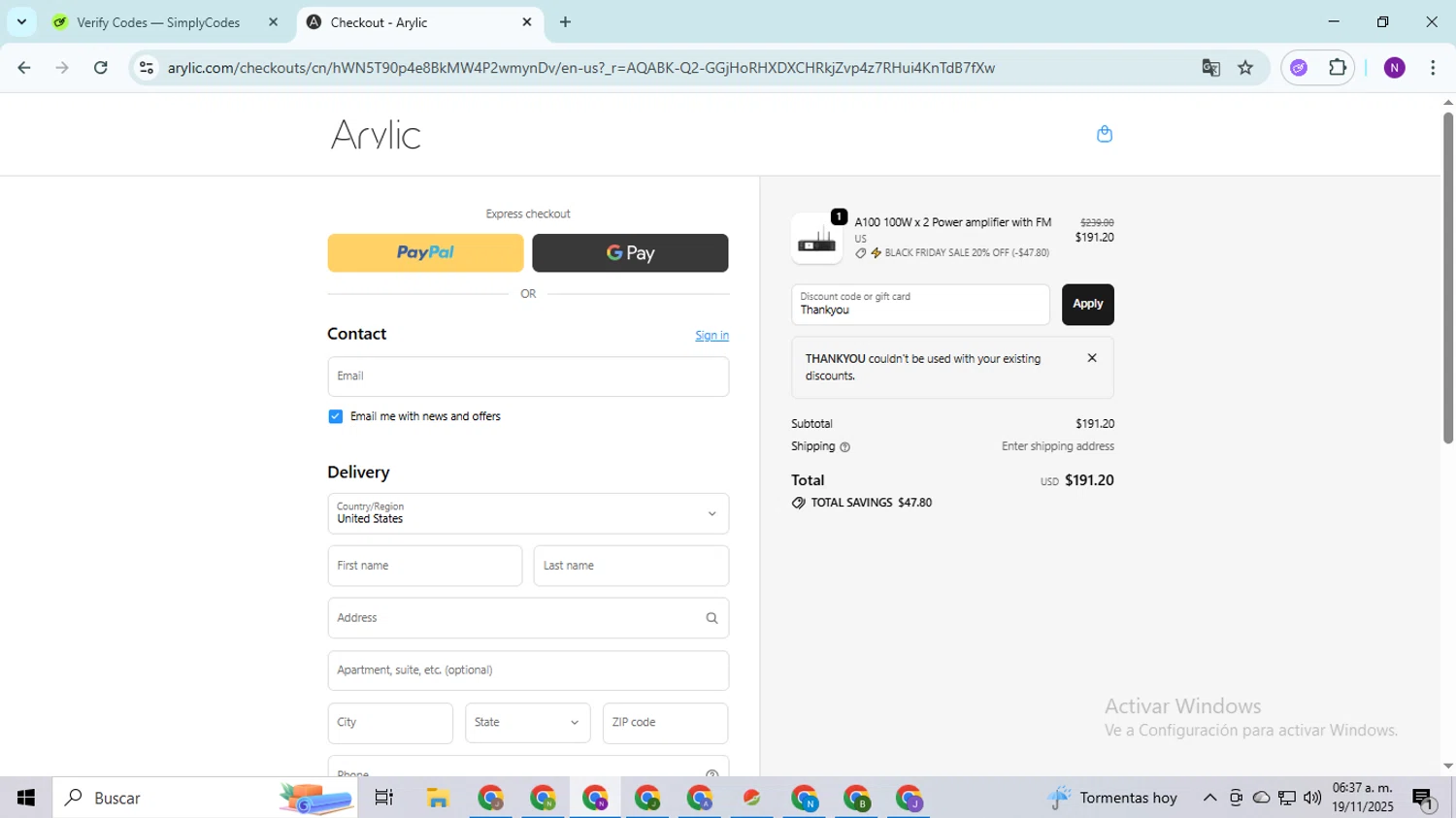 Arylic discount code screenshot showing code Thankyou applied at Arylic checkout page. Uploaded by SimplyCodes community member QuestOwl9632 on Nov 19, 2025