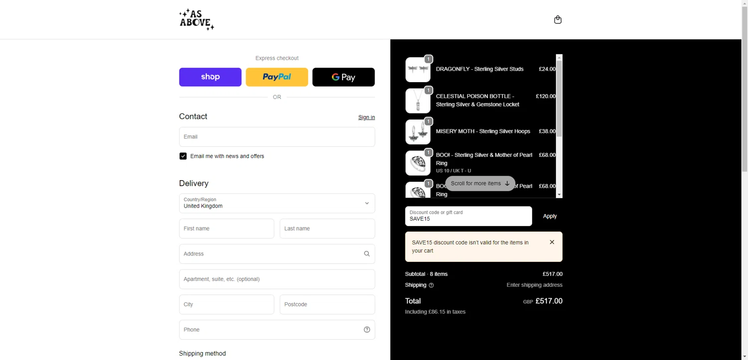 As Above promo code screenshot showing code SAVE15 applied at As Above checkout page. Uploaded by SimplyCodes community member EpicEagle816 on Dec 8, 2025