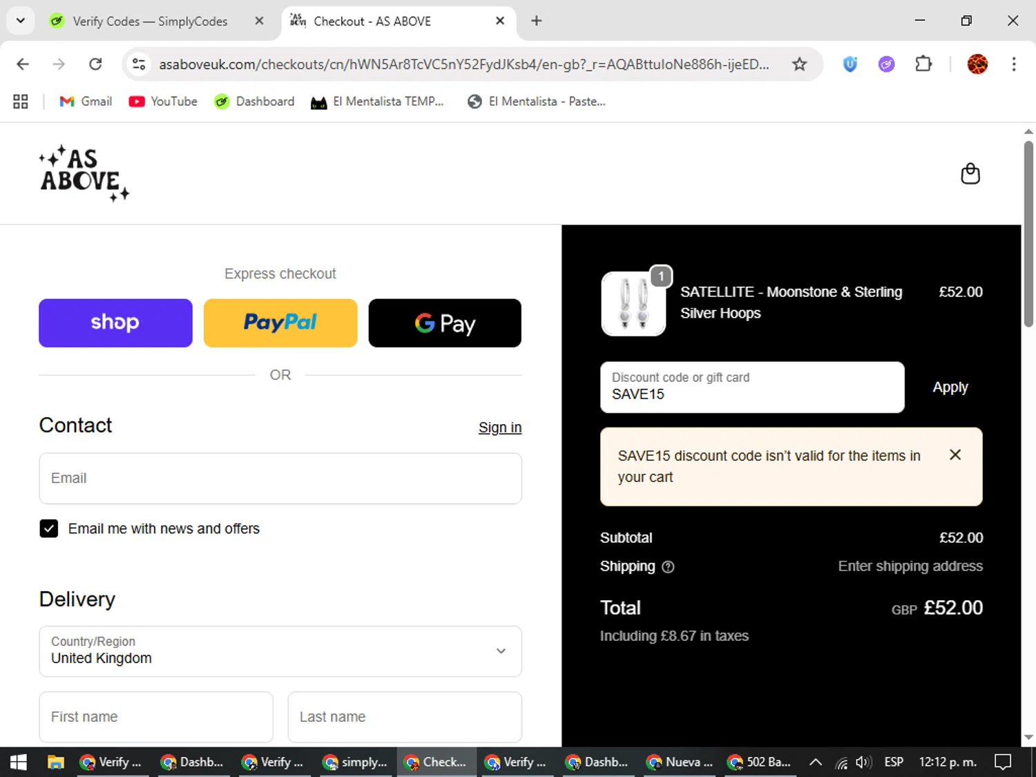 As Above promo code screenshot showing code SAVE15 applied at As Above checkout page. Uploaded by SimplyCodes community member Rodolfo on Nov 11, 2025