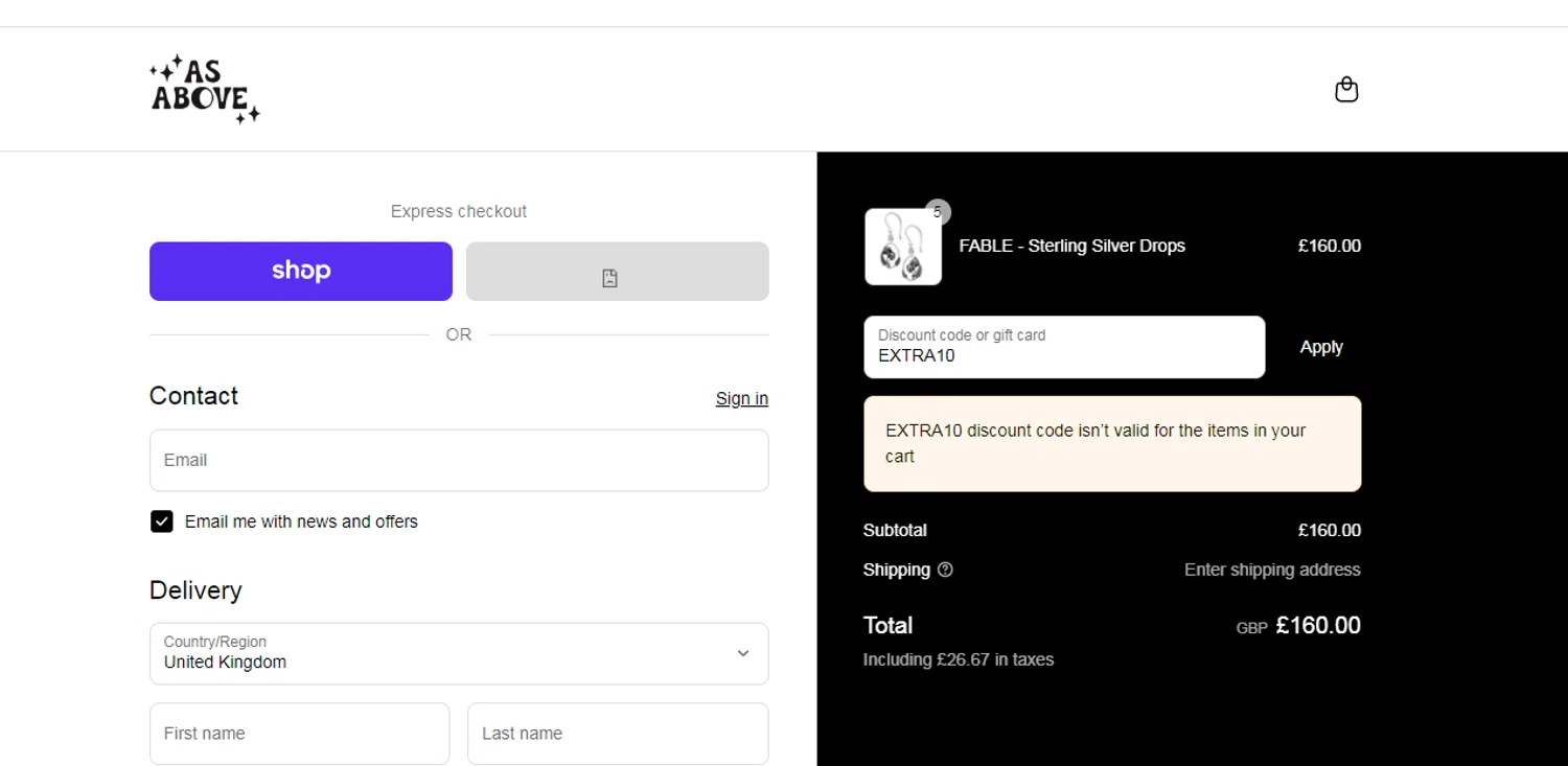 As Above promo code screenshot showing code EXTRA10 applied at As Above checkout page. Uploaded by SimplyCodes community member obito1234 on Sep 10, 2025