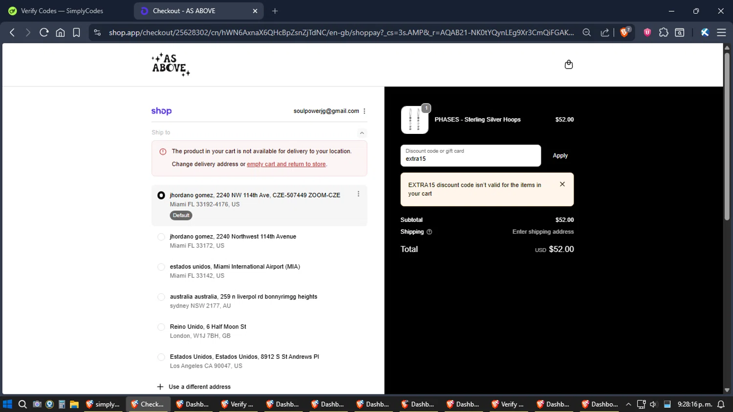 As Above promo code screenshot showing code extra15 applied at As Above checkout page. Uploaded by SimplyCodes community member verifier_983798000 on Dec 8, 2025