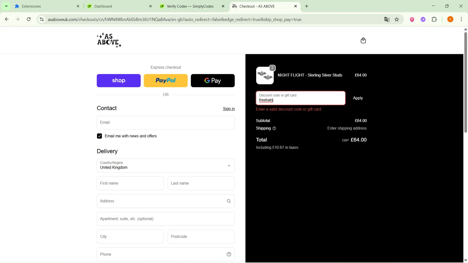 As Above promo code screenshot showing code freebats applied at As Above checkout page. Uploaded by SimplyCodes community member GoldFox1696 on Oct 25, 2025