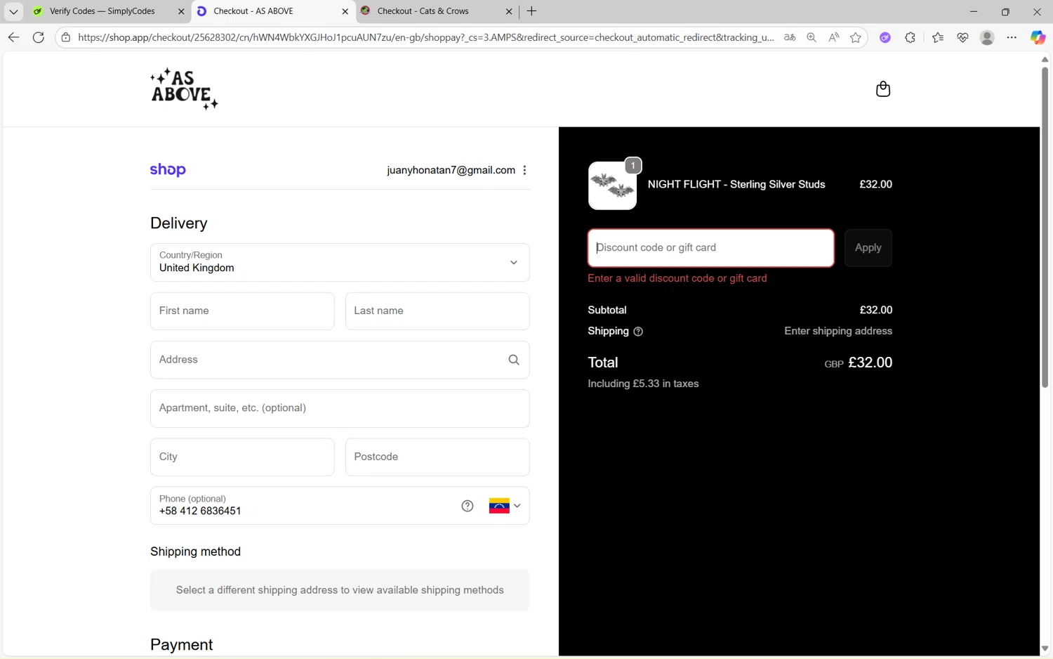 As Above promo code screenshot showing code freebats applied at As Above checkout page. Uploaded by SimplyCodes community member juan1702 on Oct 25, 2025