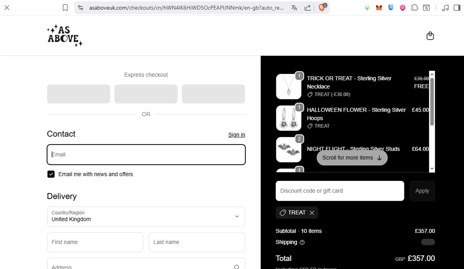 As Above promo code screenshot showing code treat applied at As Above checkout page. Uploaded by SimplyCodes community member salinsanchez on Oct 28, 2025