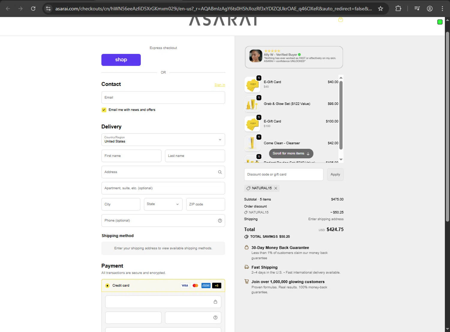Asarai discount code screenshot showing code NATURAL15 applied at Asarai checkout page. Uploaded by SimplyCodes community member RayliMC on Nov 9, 2025