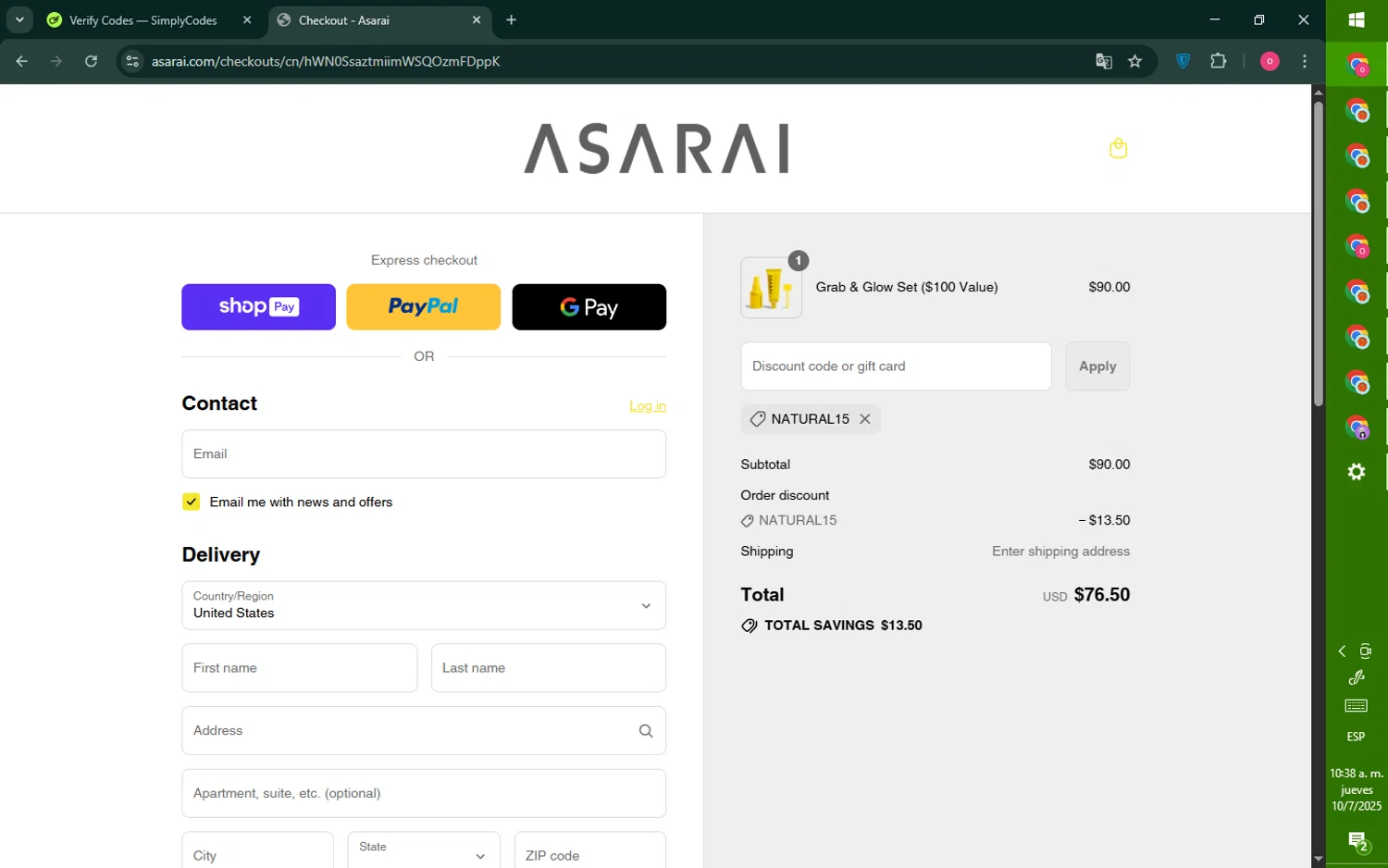 Asarai discount code screenshot showing code NATURAL15 applied at Asarai checkout page. Uploaded by SimplyCodes community member RebateNavigator926 on Jul 10, 2025