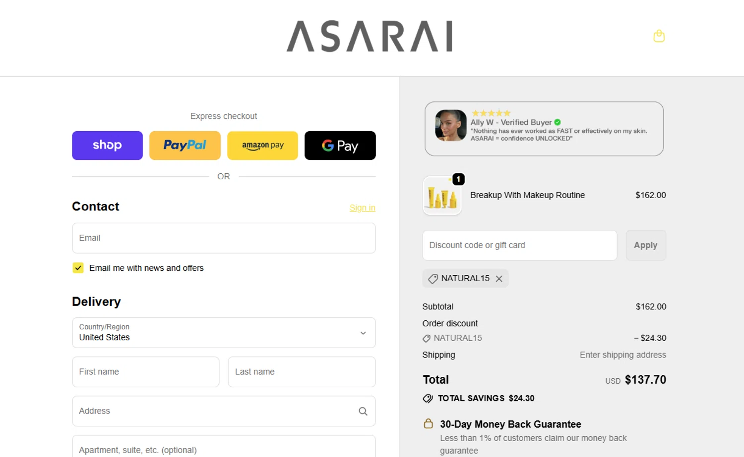 Asarai discount code screenshot showing code NATURAL15 applied at Asarai checkout page. Uploaded by SimplyCodes community member ThriftyShopper3669 on Dec 29, 2025