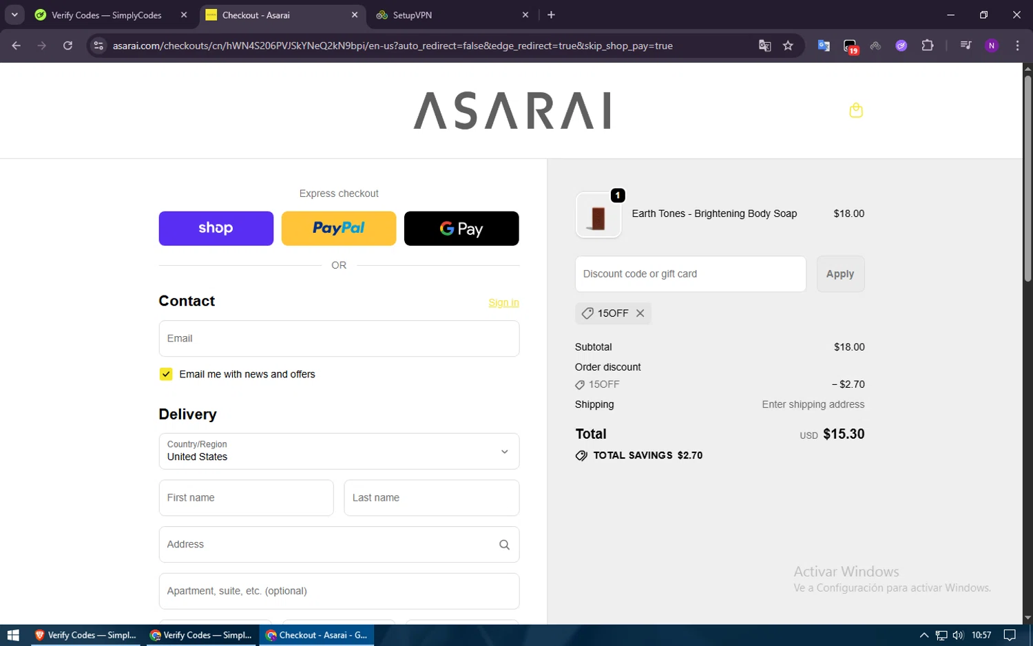Asarai discount code screenshot showing code 15OFF applied at Asarai checkout page. Uploaded by SimplyCodes community member ShieldElite2370 on Oct 23, 2025