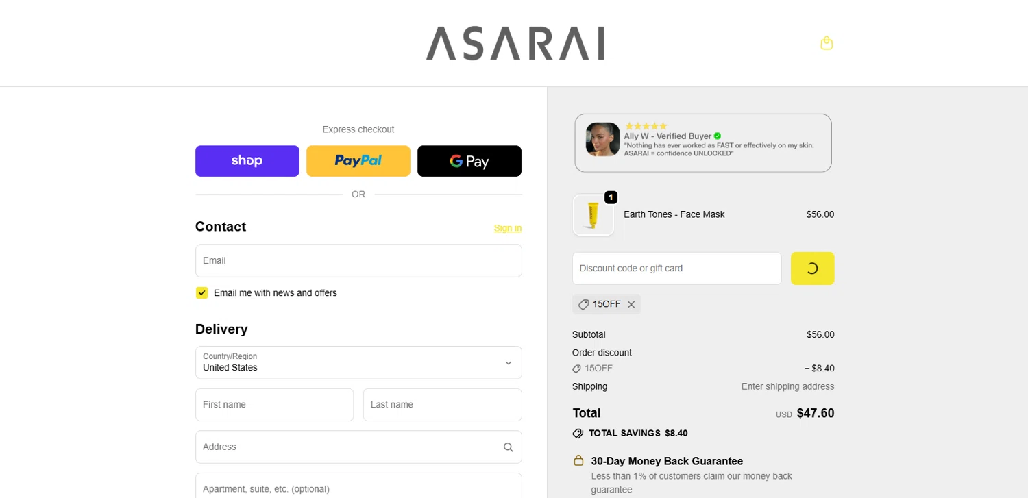 Asarai discount code screenshot showing code 15OFF applied at Asarai checkout page. Uploaded by SimplyCodes community member TOTONEROFL on Dec 24, 2025