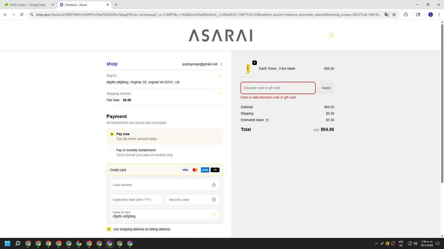 Asarai discount code screenshot showing code WLC10 applied at Asarai checkout page. Uploaded by SimplyCodes community member simplycodesssss on Jan 23, 2026