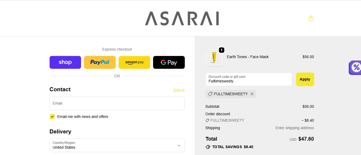 Asarai discount code screenshot showing code FULLTIMESWEETY applied at Asarai checkout page. Uploaded by SimplyCodes community member shark12 on Oct 13, 2025