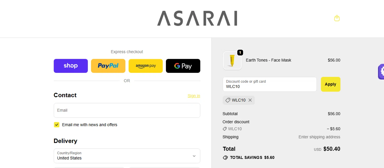 Asarai discount code screenshot showing code WLC10 applied at Asarai checkout page. Uploaded by SimplyCodes community member shark12 on Oct 13, 2025